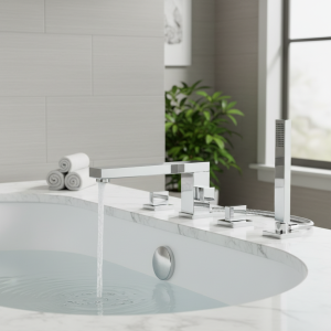 Mitigeur de remplissage de baignoire robinet de salle de bains avec pomme de douche à main, montage sur le comptoir à Double poignée 4 trous en laiton chromé chaud et froid Mitigeur de remplissage de baignoire robinet de salle de bains avec pomme de douche à main, montage sur le comptoir à Double poignée 4 trous en laiton chromé chaud et froid