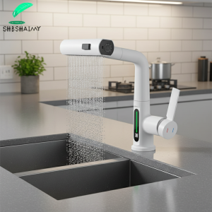 Robinet de cuisine extractible cascade, blanc, affichage numérique Intelligent, robinets mélangeurs froids et chauds, évier rotatif, robinet de lavabo de levage