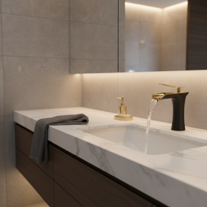 Robinet mitigeur de salle de bains, cascade en laiton, robinet d’évier monté sur le pont, robinet de lavabo d’eau chaude et froide à poignée unique, blanc noir or Robinet mitigeur de salle de bains, cascade en laiton, robinet d’évier monté sur le pont, robinet de lavabo d’eau chaude et froide à poignée unique, blanc noir or