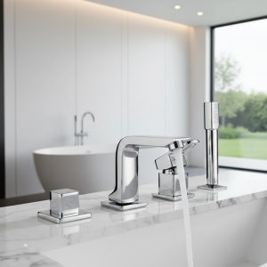 Ensemble de robinets de baignoire de salle de bains montés sur le pont/paroi avec pomme de douche à main 4 trous robinet de baignoire de lavabo répandu robinet mitigeur chaud froid