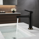 Robinet de salle de bains d&rsquo;eau chaude et froide, poignée fantaisie ronde, noir, monté sur le pont en laiton, bassin à trou unique, robinet de salle de bains hybride