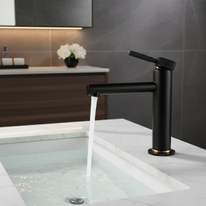 Robinet de salle de bains d’eau chaude et froide, poignée fantaisie ronde, noir, monté sur le pont en laiton, bassin à trou unique, robinet de salle de bains hybride Robinet de salle de bains d’eau chaude et froide, poignée fantaisie ronde, noir, monté sur le pont en laiton, bassin à trou unique, robinet de salle de bains hybride