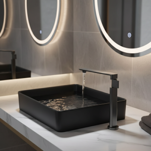 Robinet de lavabo en laiton gris, salle de bains, eau chaude et froide, mitigeur d&rsquo;évier monté sur le pont, trou unique, levier unique, robinet chromé noir