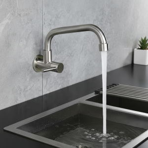 Robinet d&rsquo;Eau Froide Simple Mural en Acier Inoxydable, Accessoire à Courbe betérieure, de Qualité Supérieure, pour Évier de Cuisine