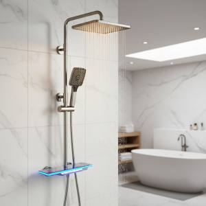 Ensemble de douche froide et chaude en laiton avec affichage numérique, système de douche à lumière ambiante, ensemble de douche à effet pluie Ensemble de douche froide et chaude en laiton avec affichage numérique, système de douche à lumière ambiante, ensemble de douche à effet pluie