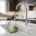 Robinet de cuisine pulvérisateur avec conception à arc élevé, débit d&rsquo;eau réglable, aucune batterie nécessaire, idéal pour le lavage des légumes et l&rsquo;eau potable