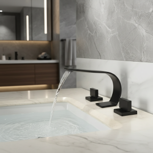 Robinet de lavabo de salle de bains, cascade incurvée, monté sur le pont, Double poignée, mélangeur d’eau chaude et froide monotrou Robinet de lavabo de salle de bains, cascade incurvée, monté sur le pont, Double poignée, mélangeur d’eau chaude et froide monotrou