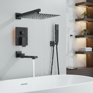 Système de douche dissimulé noir, cascade de pluie, salle de bains, ensemble de robinets de douche encastrés avec bec de baignoire Système de douche dissimulé noir, cascade de pluie, salle de bains, ensemble de robinets de douche encastrés avec bec de baignoire