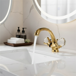 Robinet de salle de bains en laiton doré, mitigeur d&rsquo;eau froide et chaude, robinet d&rsquo;évier à Double poignée, robinet de lavabo monté sur le pont