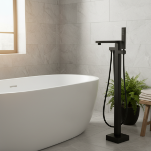 Robinet de baignoire de sol carré noir de luxe, conception de cascade à poignée unique pour salle de bains extérieure en laiton céramique souple pour hôtels