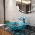 Lavabo de salle de bains en verre 44x44x15cm, lavabo de salle de bains, dégradé de couleur bleue, lavabo de comptoir de balcon d&rsquo;hôtel avec ensembles de robinets de cascade