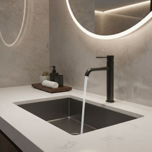 HOSink-Lavabo Noir en Acier Inoxydable Brossé, Lavabo d&rsquo;Eau Chaude et Froide, Robinets de Centre Commercial, Montage sur Pont de Bain