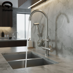 Shinesia robinet d&rsquo;évier de cuisine en Nickel brossé, mitigeur de cuisine en acier inoxydable 304, bec Long, mélangeur chaud et froid, robinet de grue mural