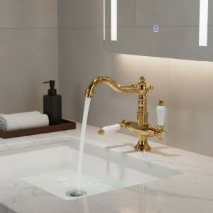 Robinets de lavabo robinets de salle de bains en laiton doré, trou de lavabo de Style industriel, robinet mitigeur d&rsquo;eau contemporain à double poignée 85537