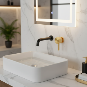 Robinet de lavabo mitigeur de bain, robinet d&rsquo;évier de salle de bains mural en laiton noir mat, poignée unique, eau chaude et froide, ensemble de canon en or brossé