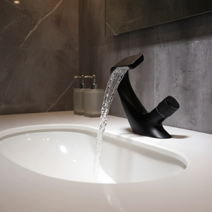 Robinet de lavabo cascade tout en cuivre noir, robinet de lavabo de toilette chaud et froid, lavabo sous le comptoir, robinet à trou unique