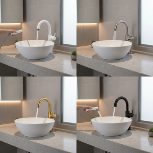 Robinets de lavabo extractibles pour salle de bains, mélangeurs hauts, robinets hauts d&rsquo;évier, robinet d&rsquo;eau chaude et froide 360, grue blanc gris or