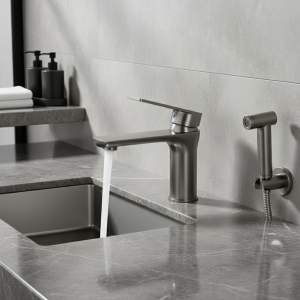 ZEXEF robinet de lavabo de salle de bains avec évier en acier inoxydable gris, pistolet d&rsquo;eau chaude et froide, mélangeur d&rsquo;armoire de Bidet de cuisine domestique