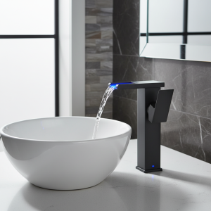 Robinets d&rsquo;évier de lavage montés sur pont, robinet à poignée unique, LED, laiton, cascade, noir, chaud, froid, centre commercial, grue