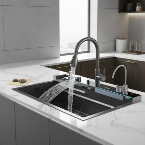 Évier de cuisine cascade en acier inoxydable, grand lavabo à fente unique avec robinet cascade tactile multifonction