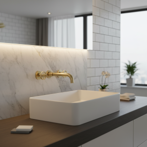 Robinet de lavabo en or brossé Robinet de lavabo mural à double poignée Mitigeur de salle de bain chaud et froid Bec pivotant à 360 degrés et bouton moleté Robinet de lavabo en or brossé Robinet de lavabo mural à double poignée Mitigeur de salle de bain chaud et froid Bec pivotant à 360 degrés et bouton moleté