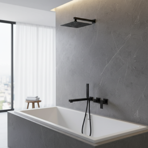 Robinet de salle de bain mural, baignoire à 1/4 tours, bec mitigeur en laiton massif noir, Direct usine, ensemble de douche chaude et froide carrée moderne Robinet de salle de bain mural, baignoire à 1/4 tours, bec mitigeur en laiton massif noir, Direct usine, ensemble de douche chaude et froide carrée moderne