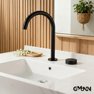 Robinet de lavabo noir mat à 2 trous, interrupteur moleté unique, mélangeur largement monté sur le pont, robinet d&rsquo;évier chaud et froid, 2 kits de support en laiton