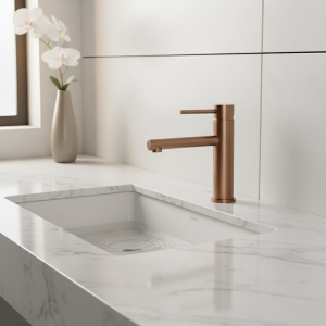 Robinet d&rsquo;évier de salle de bains en or Rose brossé, monté sur le pont, trou unique et poignée, mitigeur d&rsquo;eau froide et chaude, or brossé