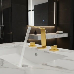 Robinet de lavabo cascade avec deux poignées, vanne en céramique d’eau froide et chaude, blanc, noir, finition or brossé, robinet d’évier de salle de bains Robinet de lavabo cascade avec deux poignées, vanne en céramique d’eau froide et chaude, blanc, noir, finition or brossé, robinet d’évier de salle de bains