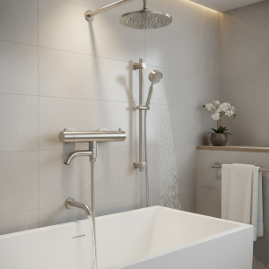 Ensemble de robinets thermostatiques de baignoire et de douche de pluie en Nickel brossé, mitigeur mural de salle de bains avec douchette à main en acier inoxydable Ensemble de robinets thermostatiques de baignoire et de douche de pluie en Nickel brossé, mitigeur mural de salle de bains avec douchette à main en acier inoxydable