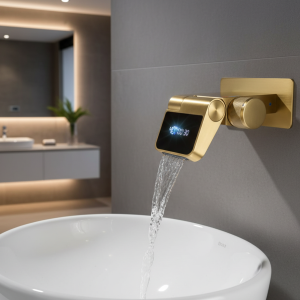 Robinet mural à affichage numérique, or brossé, chute d&rsquo;eau, mur encastré, lavabo froid et chaud, robinet intégré