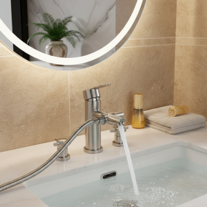 Ensemble de robinets de lavabo de salle de bains, mélangeur d&rsquo;évier monté sur le pont avec pomme de douche pressurisée, robinet de baignoire de toilette, mitigeur d&rsquo;eau froide et chaude