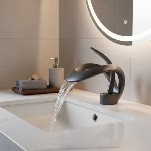 HOBasin-Robinet Cascade de Luxe en Laiton Gris à Poignée Unique, Grue d’Évier d’Eau Chaude et Froide de Style Moderne HOBasin-Robinet Cascade de Luxe en Laiton Gris à Poignée Unique, Grue d’Évier d’Eau Chaude et Froide de Style Moderne