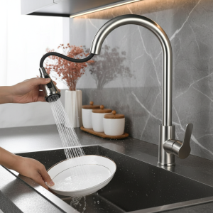 Robinet de cuisine en acier inoxydable avec pulvérisateur extractible, buse de jet, mitigeur d&rsquo;eau chaude et froide, robinet d&rsquo;évier Flexible extractible