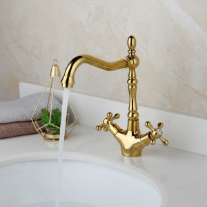 KEMAIDI robinet de lavabo de salle de bains doré, bec pivotant à 360 degrés pour salle de bains et cuisine, mitigeur d&rsquo;eau chaude et froide à double poignées
