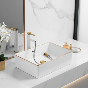 Évier de table en céramique blanche avec bord doré, dessus de seau, ark, ark, vasque, balcon, au-dessus du comptoir