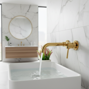 Robinet de lavabo de salle de bains, robinet de lavabo en laiton, mélangeur chaud et froid, support mural dissimulé, poignée unique, cartouche dissimulée, robinet intégré ﻿