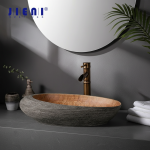 JIENI Art céramique salle de bain évier ensemble ovale lavabo Antique laiton bambou robinet Pop Up Drain Combo haut de gamme éviers en porcelaine