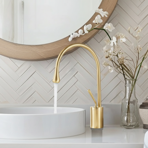 Robinet de salle de bains moderne, robinet d&rsquo;évier à poignée unique à Arc élevé, lavabo en laiton, robinet d&rsquo;eau chaude et froide avec accessoires de tuyau