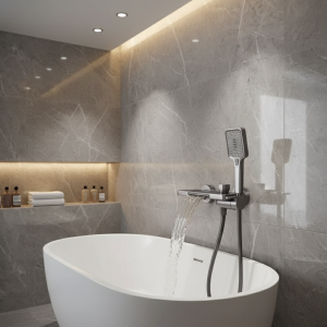 Robinet de baignoire cascade de salle de bains blanc crème/gris, avec pomme de douche à main, mitigeur chaud et froid mural, ensemble de douche Robinet de baignoire cascade de salle de bains blanc crème/gris, avec pomme de douche à main, mitigeur chaud et froid mural, ensemble de douche