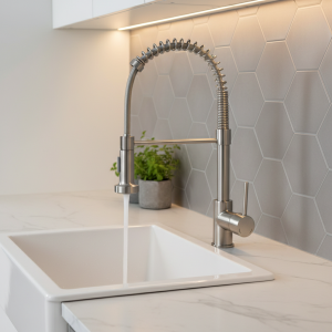 Robinet de cuisine en Nickel brossé à ressort, mitigeur monté sur le pont, buse de pulvérisation à jet rotatif à 360 degrés, robinets chauds et froids pour évier de cuisine Robinet de cuisine en Nickel brossé à ressort, mitigeur monté sur le pont, buse de pulvérisation à jet rotatif à 360 degrés, robinets chauds et froids pour évier de cuisine