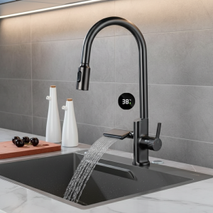 HOANIES-Robinet de cuisine avec capteur de température, eau chaude et froide, mitigeur de centre commercial, pulvérisateur de flux rainuré, cascade, affichage numérique