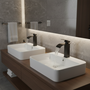 Quyanre robinet de lavabo cascade noir mat mélangeur à poignée unique robinet de grue de lavabo d&rsquo;eau chaude et froide pour salle de bains robinet mitigeur de lavabo