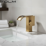 TOLM robinets de lavabo dorés brossés, cascade élégante, robinet d&rsquo;évier de salle de bains, trou de levier unique, robinets mélangeurs en laiton à montage sur pont