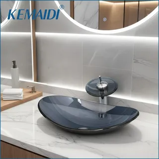 Vasque verre trempé ovale aplatie bleu gris fumée rebord fin posée…