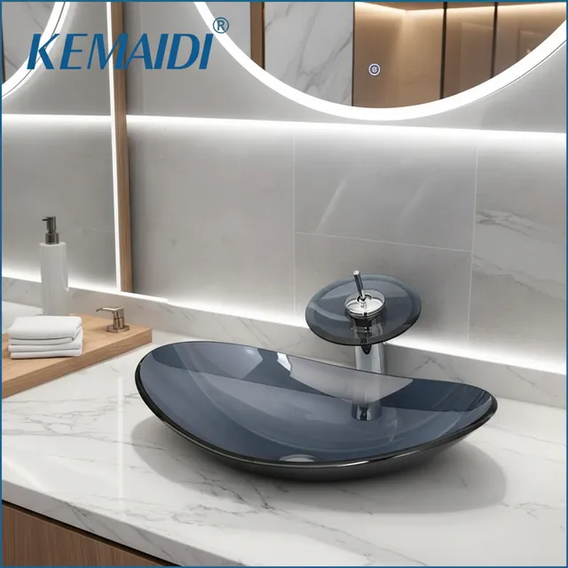 Vasque verre trempé ovale aplatie bleu gris fumée rebord…
