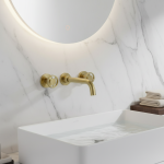 Robinet de lavabo en or brossé mitigeur d&rsquo;évier mural à double poignée robinet de salle de bain chaud et froid bec pivotant à 360 degrés et bouton creux