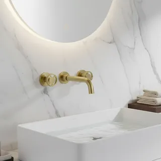 Robinet de lavabo en or brossé mitigeur d'évier mural à double poignée…