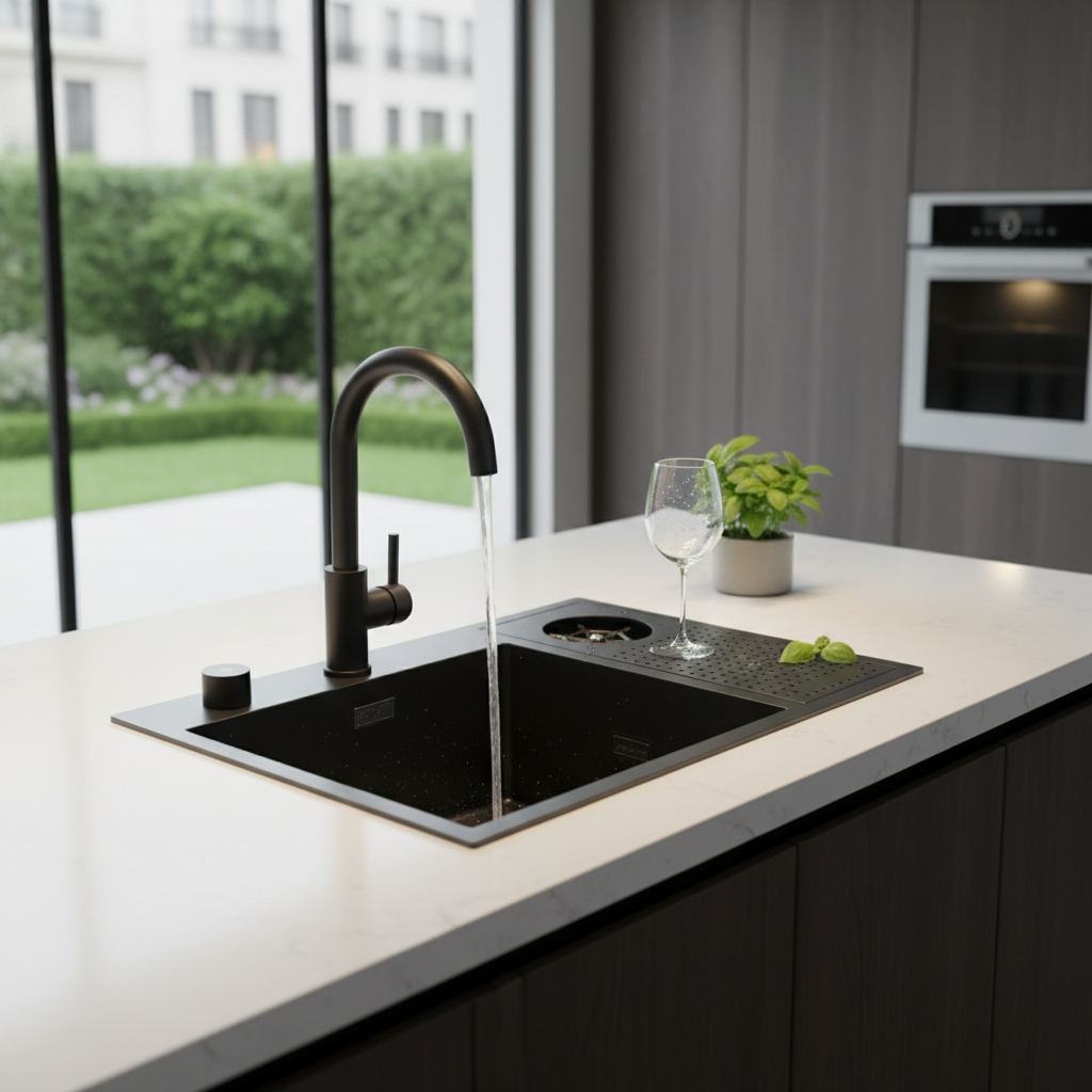 Évier de bar noir mat avec lave-tasse intégré, style premium pour cuisine moderne