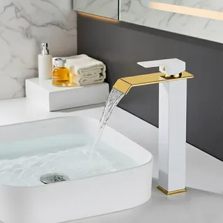 Mitigeur lavabo cascade doré blancmat monocommande monotrou colonne…